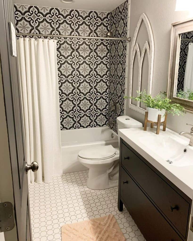 church inspired bathroom with wallpaper 